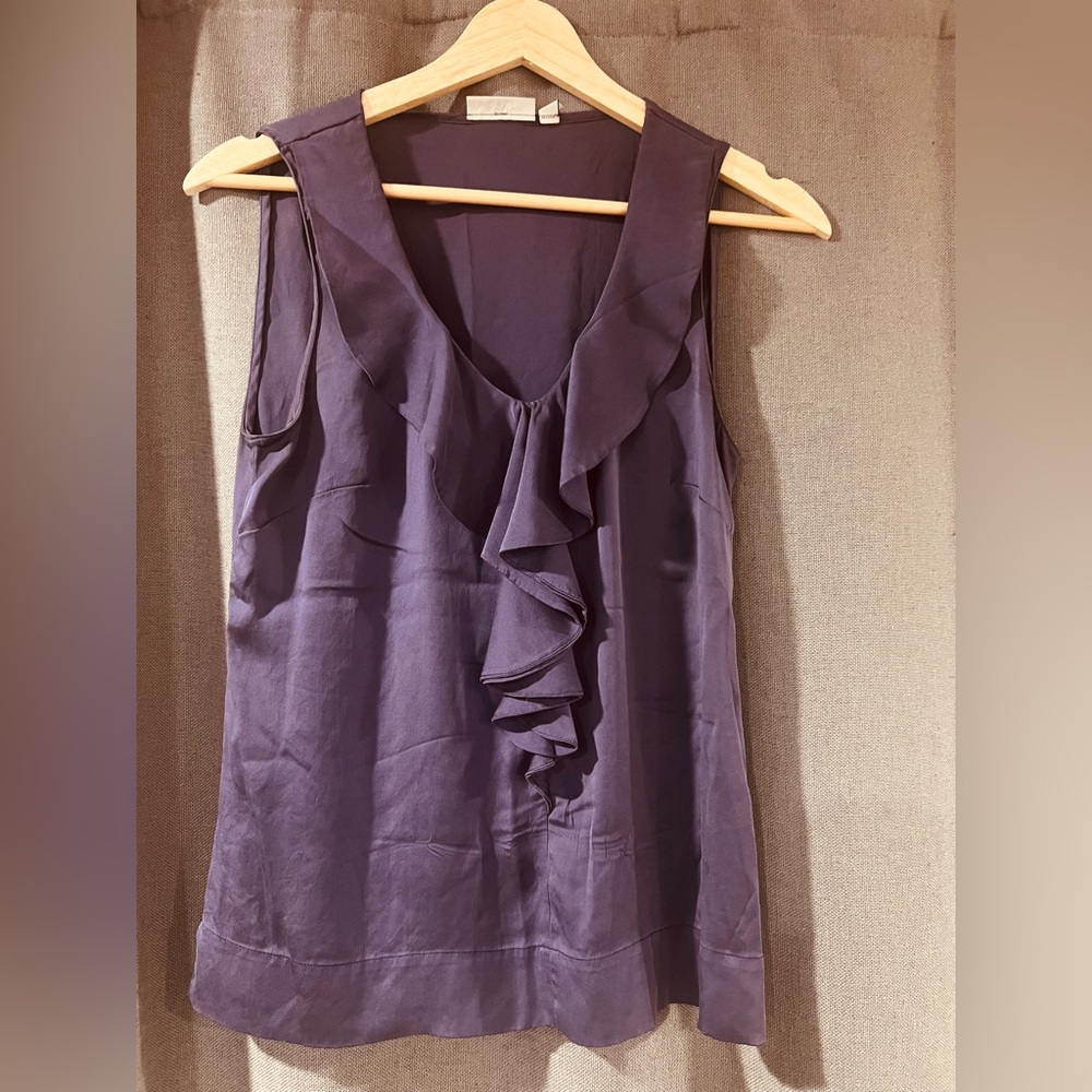 Halogen Silk Ruffled Sleeveless Blouse in Deep Purple